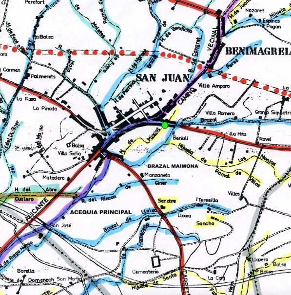 Mapa histórico de acequias. Sitúa Sant Joan, Benialí y la red de riego que articuló el territorio durante siglos.