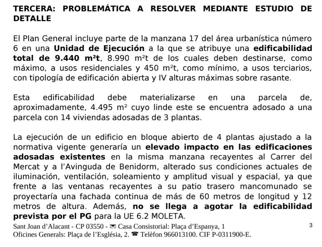 Imagen del informe técnico del Estudio de Detalle de la Manzana 17, con el párrafo relativo al elevado impacto sobre las viviendas adosadas.
