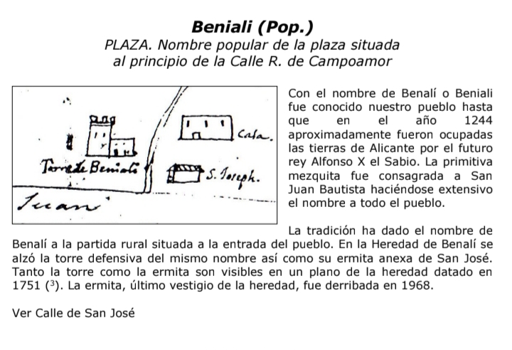 Documento sobre el origen de Benialí. Plano histórico con la Torre de Benialí y la referencia «S. Joseph».